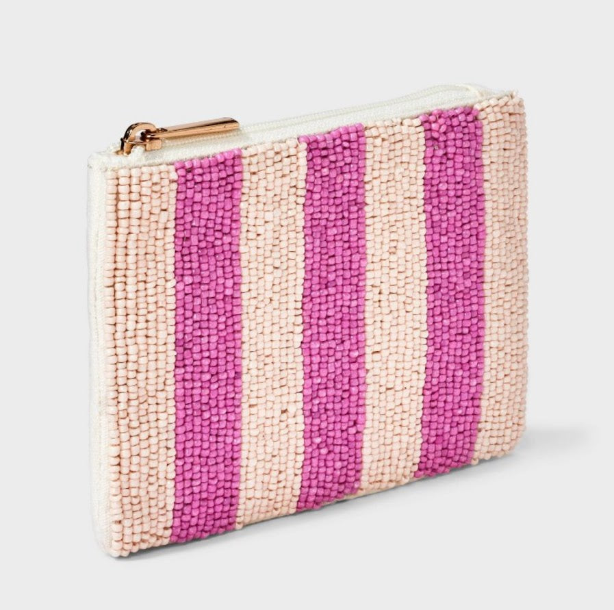 Pink and White Stripe Beaded Zip Bag