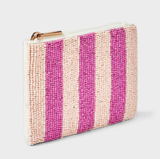 Pink and White Stripe Beaded Zip Bag