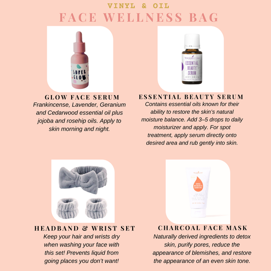 Curated face wellness gift bag featuring glow serum, essential beauty serum, charcoal face mask, and spa headband set