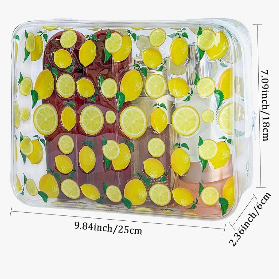 Lemon-print clear makeup and wellness bag with dimensions shown for travel and cosmetic storage.