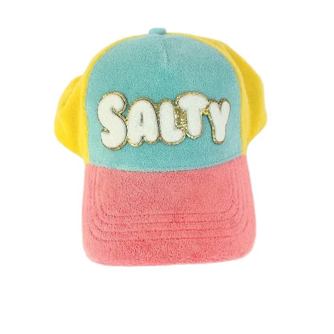 Colorful terry cloth trucker hat with glitter "Salty" lettering, perfect for beach vacations, boat days, pool days, and coastal summer adventures.