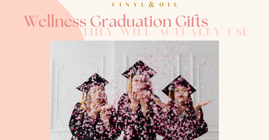 Wellness graduation gift ideas banner featuring graduates celebrating with confetti for a graduation gift guide.