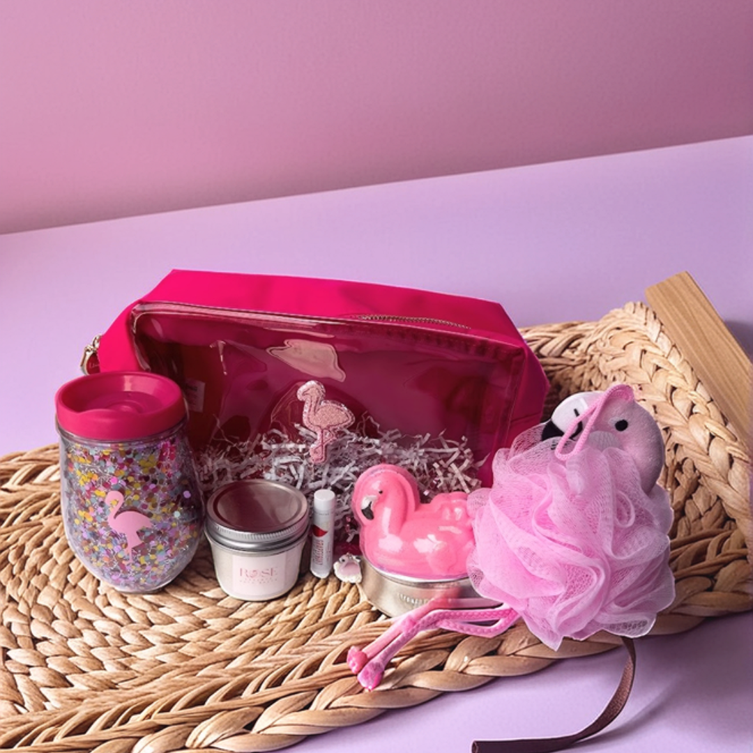 Florida Collection wellness gifts featuring flamingo-themed accessories and beach-inspired self-care products.