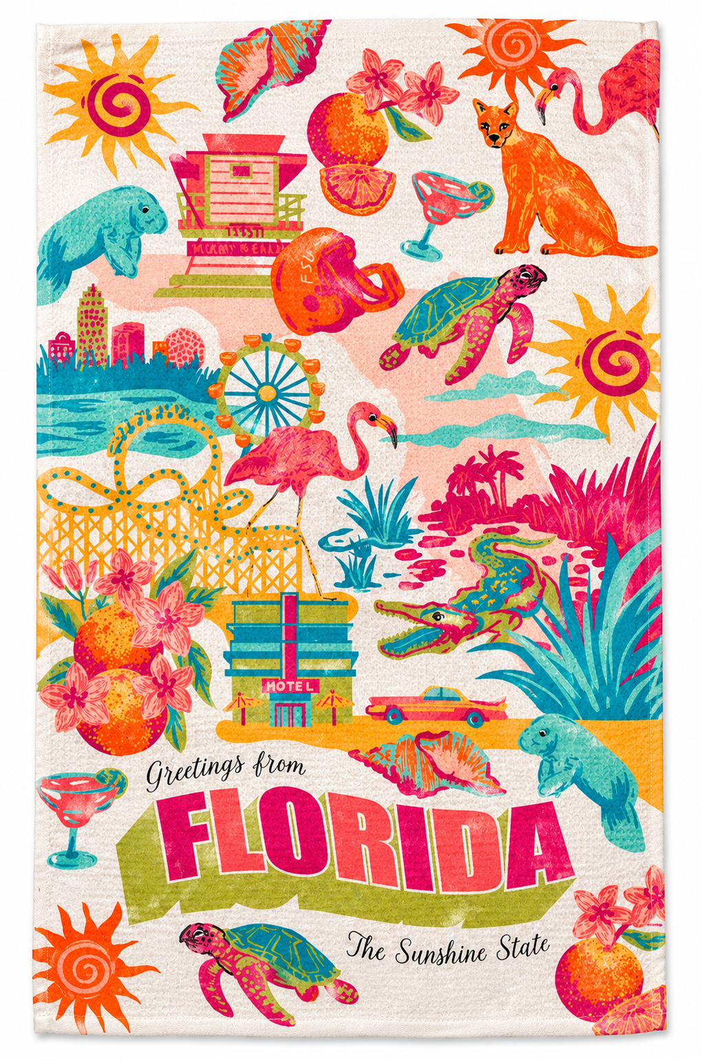 Colorful Florida tea towel featuring retro-inspired illustrations of flamingos, manatees, sea turtles, alligators, oranges, seashells, and Florida landmarks, with “Greetings from Florida” and “The Sunshine State” lettering