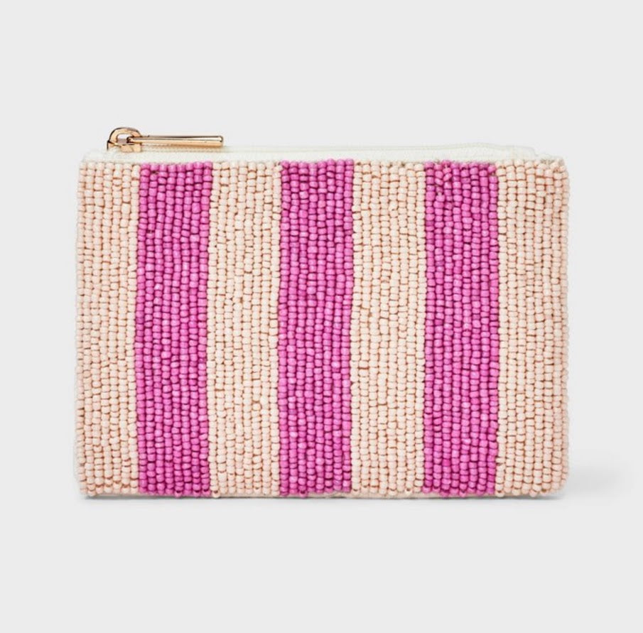 Pink and White Stripe Beaded Zip Bag