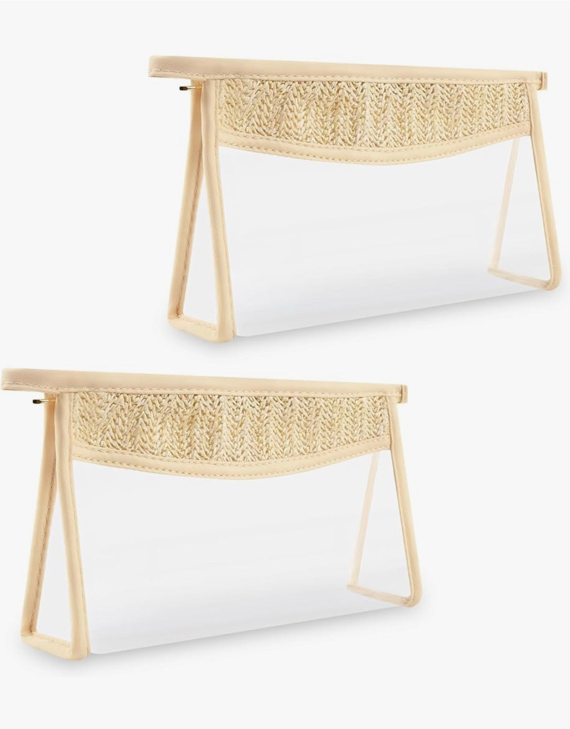 Clear cosmetic and travel bag with natural woven trim and zip-top closure