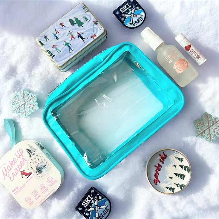 Winter self-care gift set with rose moisturizing spray, lip balm, makeup eraser and Après Ski accessories