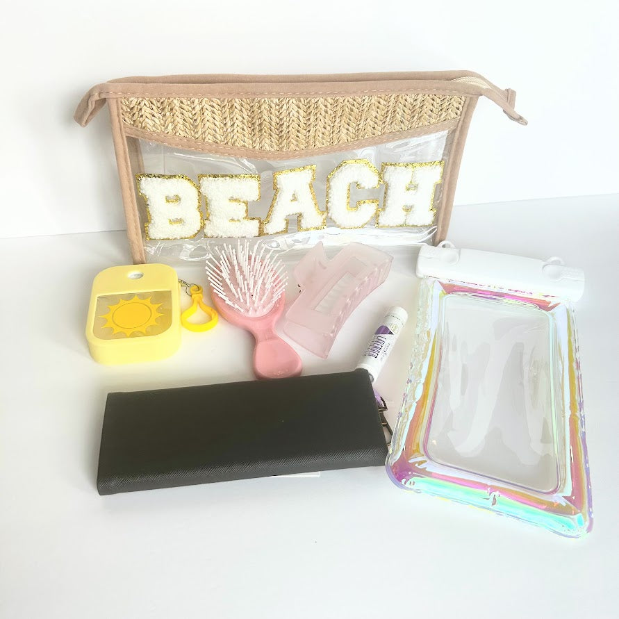 Reusable straw BEACH bag with waterproof phone case and beach bag essentials by Vinyl & Oil