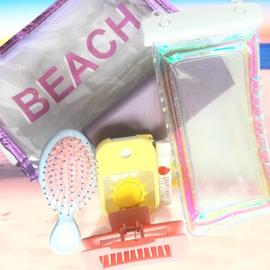 Iridescent BEACH bag filled with summer and vacation essentials for a practical beach gift for her.