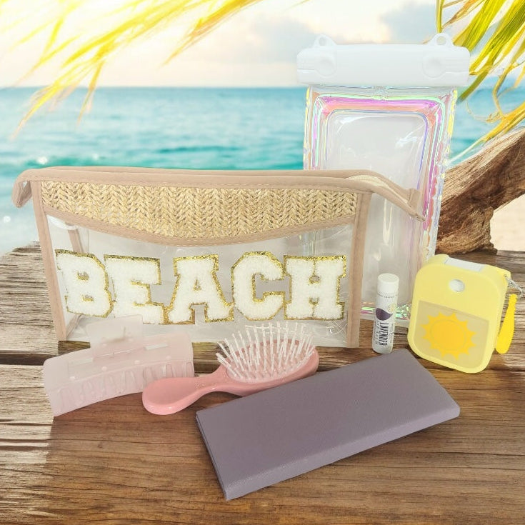 Beach Wellness Gift Bundle with reusable BEACH bag and practical beach vacation essentials by Vinyl & Oil.