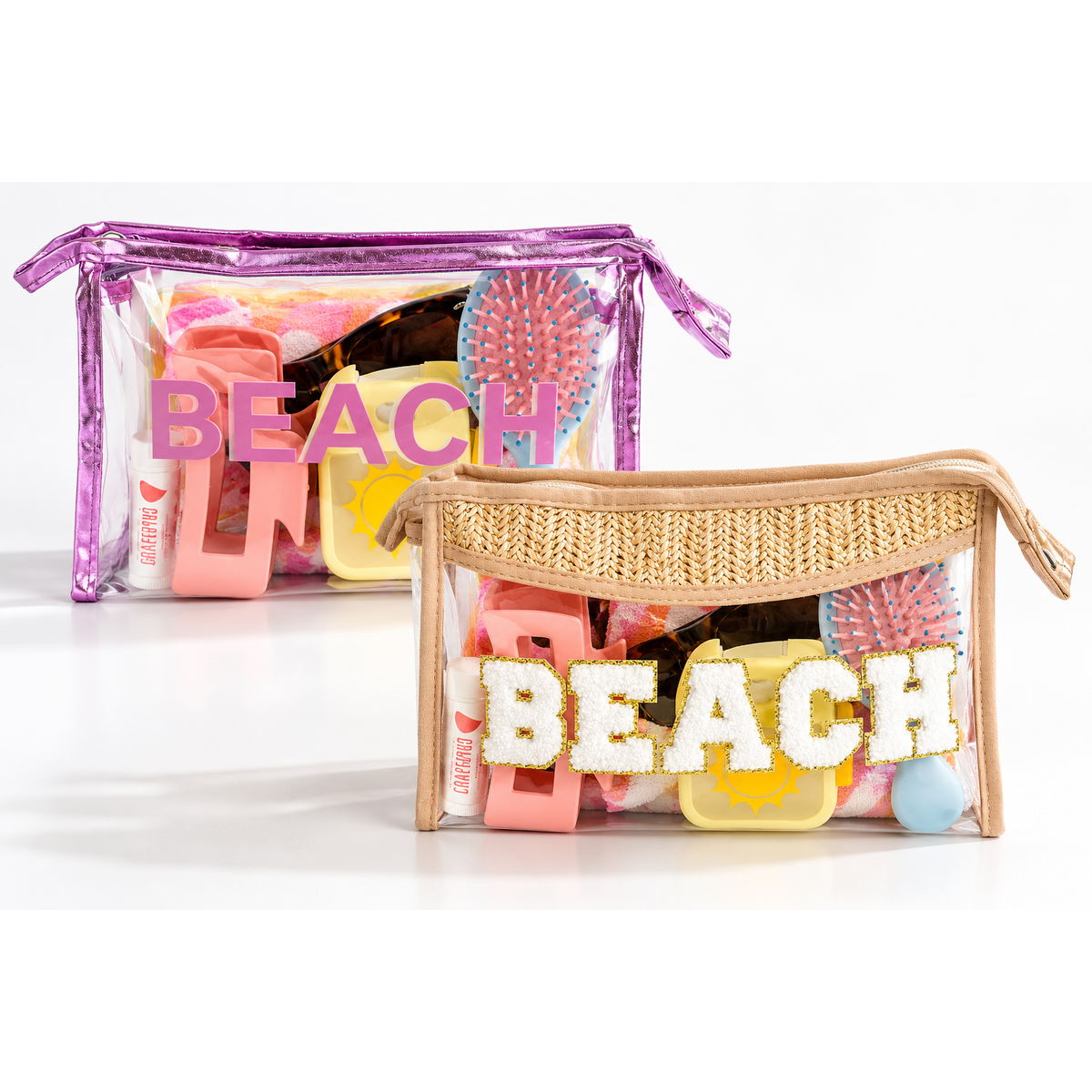 Beach Wellness Gift Bundle in reusable BEACH bags filled with practical beach and vacation essentials by Vinyl & Oil.