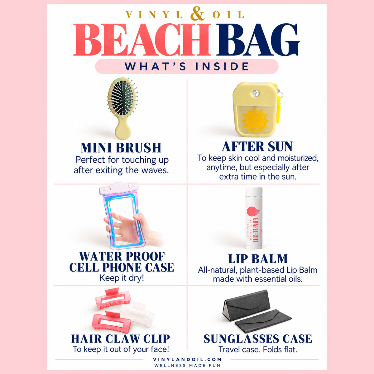 Beach Wellness Gift Bundle with mini brush, After Sun, waterproof phone case, lip balm, hair claw clips and sunglasses case by Vinyl & Oil.
