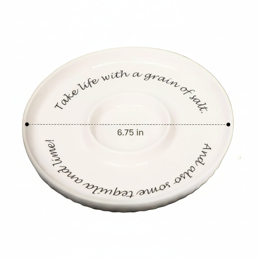 Ceramic margarita salt rimmer featuring the phrase "Take life with a grain of salt" for creating the perfect margarita.