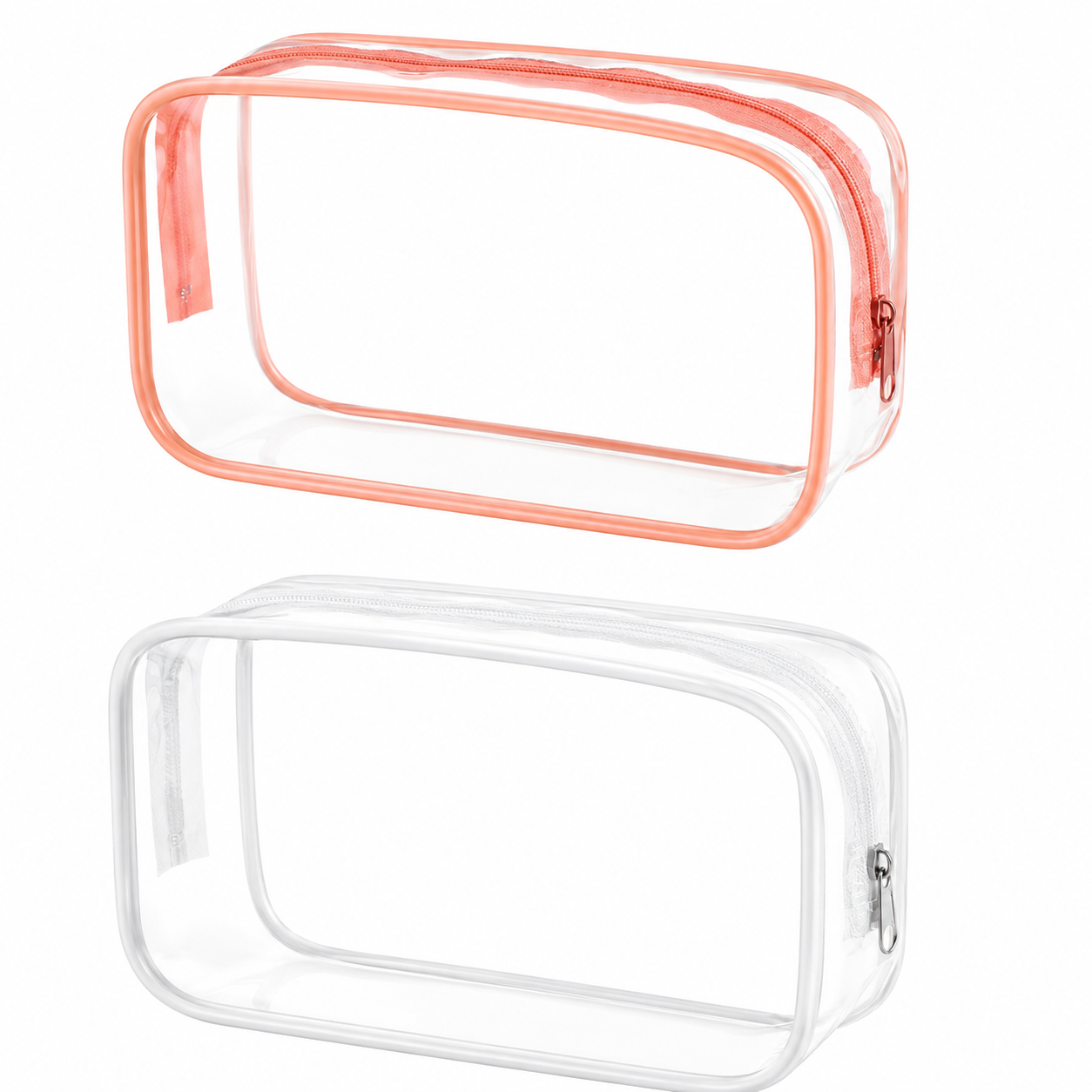 Clear cosmetic bags with pink and white trim for custom wellness gift bundles