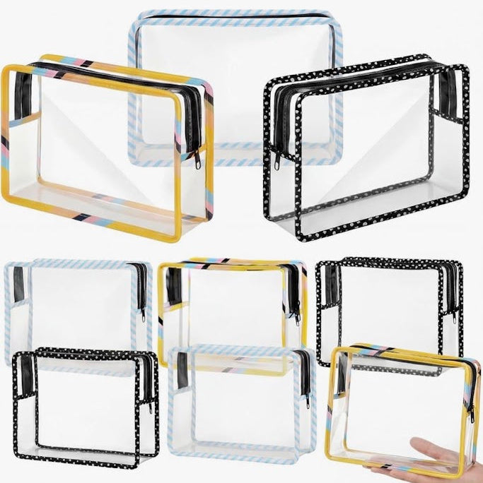 Collection of clear travel bags available in multiple color options with transparent design and zipper closure.