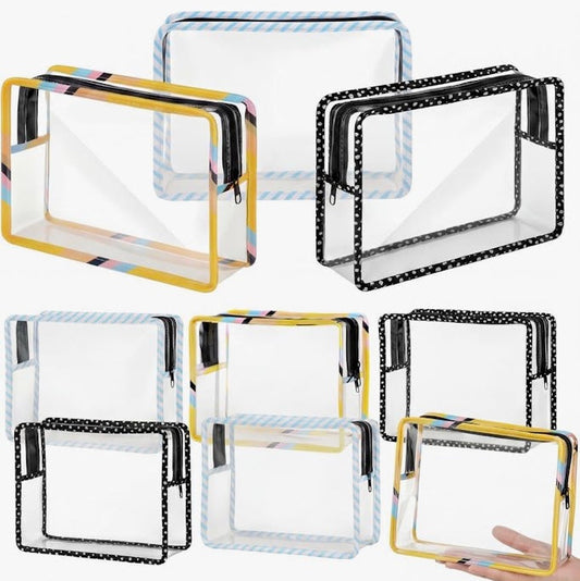 Collection of clear travel bags available in multiple color options with transparent design and zipper closure.
