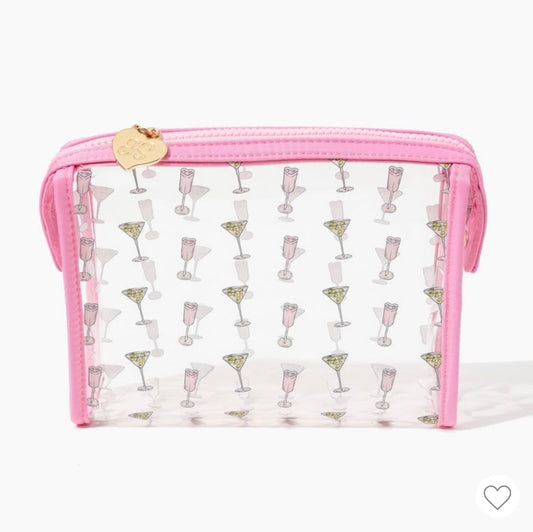 Clear vinyl cosmetic bag with champagne flute and martini glass print and pink trim