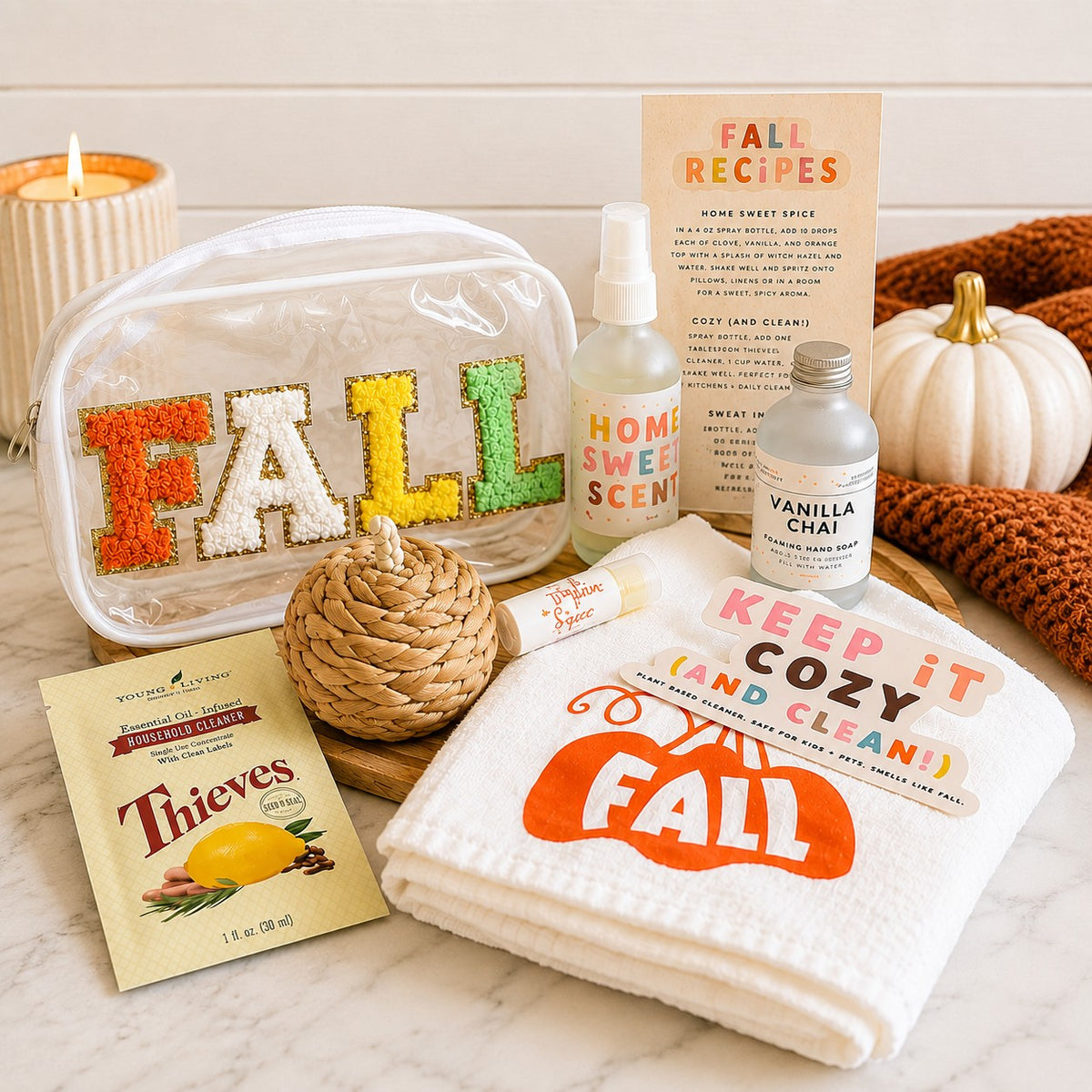 Fall wellness gift bundle with essential oil products, pumpkin spice favorites, fall towel and seasonal gifts