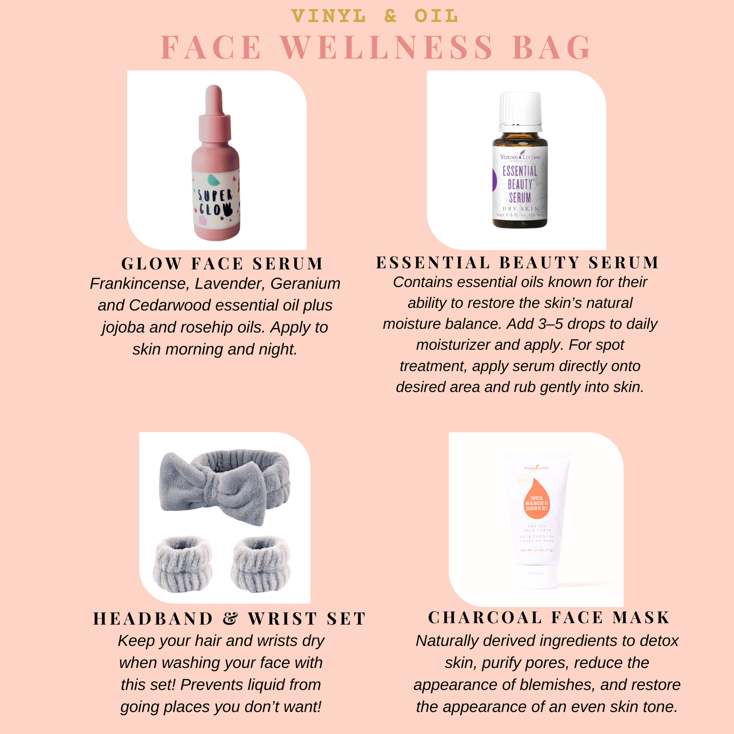 Curated face wellness gift bag featuring glow serum, essential beauty serum, charcoal face mask, and spa headband set