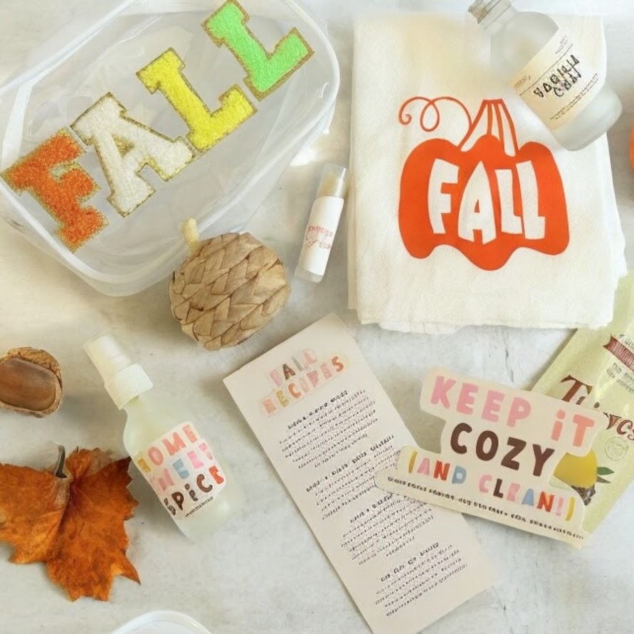 Fall gift bundle with essential oil room spray, Vanilla Chai soap, fall towel, cleaner and seasonal wellness products