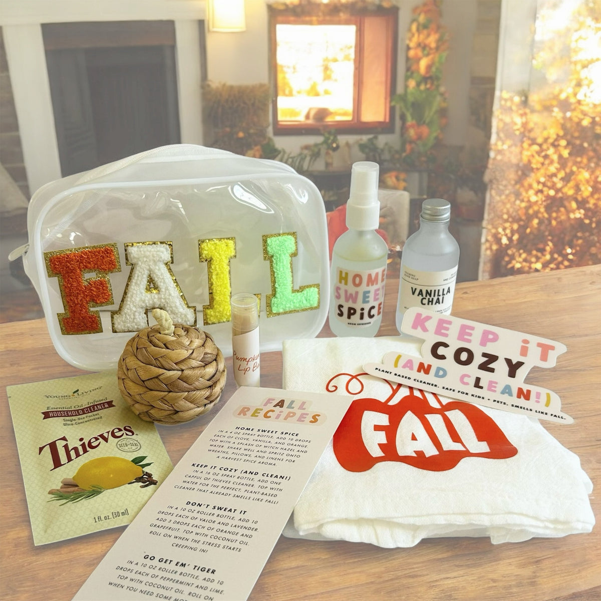 Fall wellness gift bundle with seasonal self-care, home fragrance, Thieves cleaner, fall recipes and cozy autumn gifts by Vinyl & Oil.