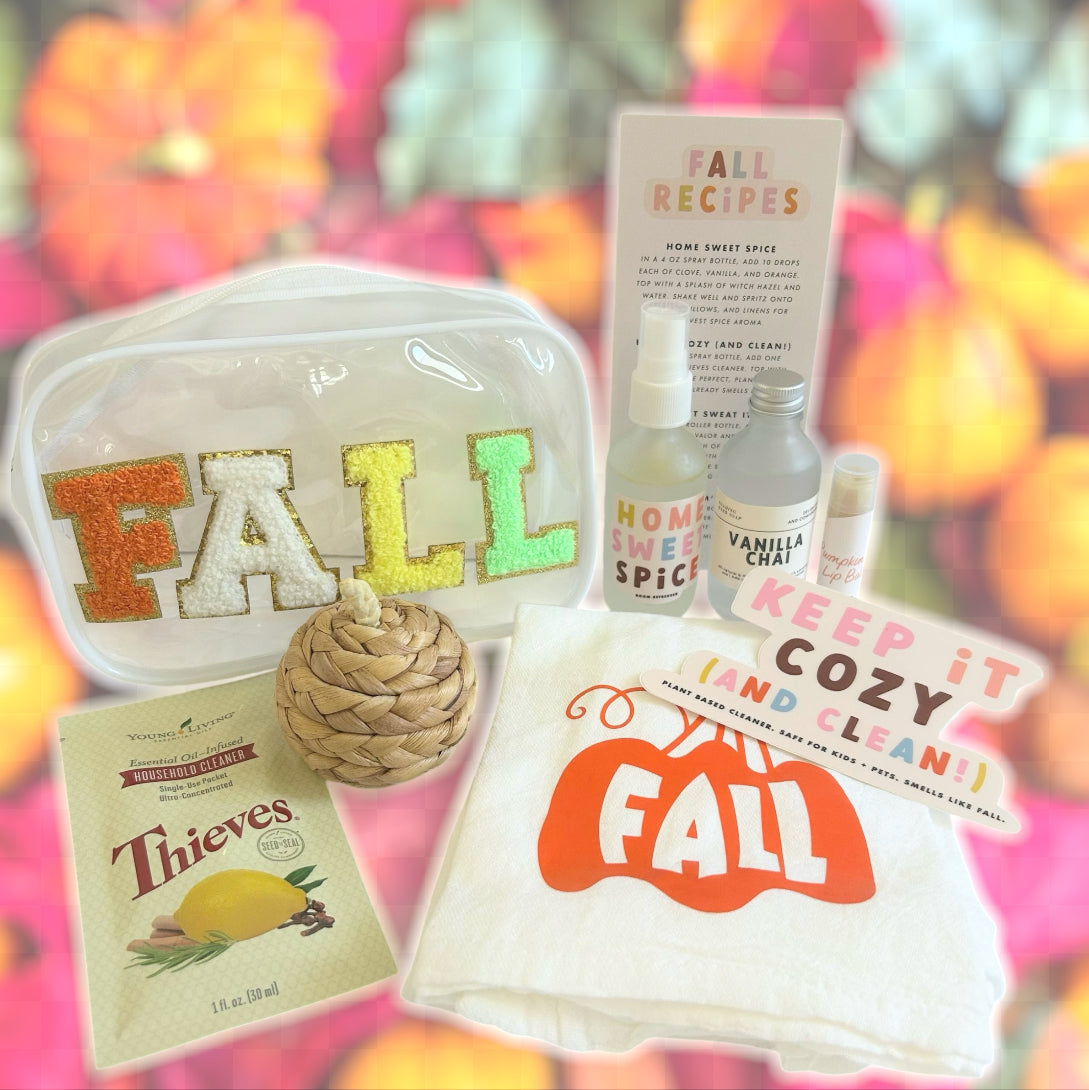 Fall wellness gift bundle with essential oil products, fall recipes, home spray, Thieves cleaner and seasonal gifts by Vinyl & Oil.