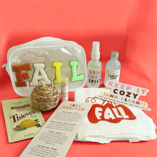 Fall wellness gift bundle with FALL bag, home spray, Vanilla Chai, Pumpkin Lip Balm, Thieves cleaner, fall recipes and seasonal gifts by Vinyl & Oil.