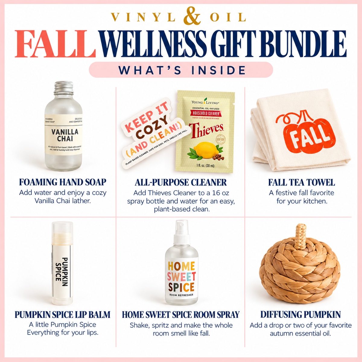 Fall Wellness Gift Bundle with Vanilla Chai foaming hand soap, Thieves cleaner, fall tea towel, Pumpkin Spice lip balm, Home Sweet Spice room spray and woven diffusing pumpkin by Vinyl & Oil.