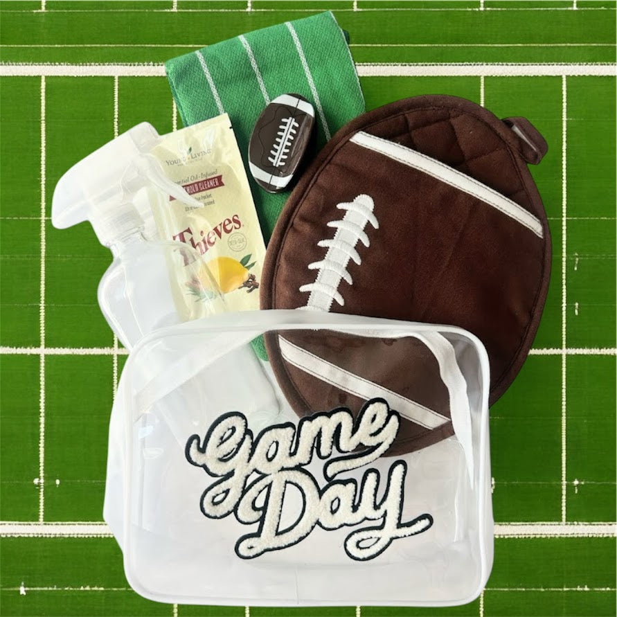 Football fan gift bundle with Game Day bag, football potholder, dish towel, spray bottle and cleaner sample