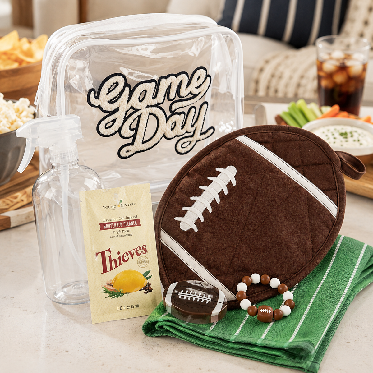 Game Day Wellness Gift Bundle styled for a football watch party with football-themed gifts and plant-based cleaning essentials