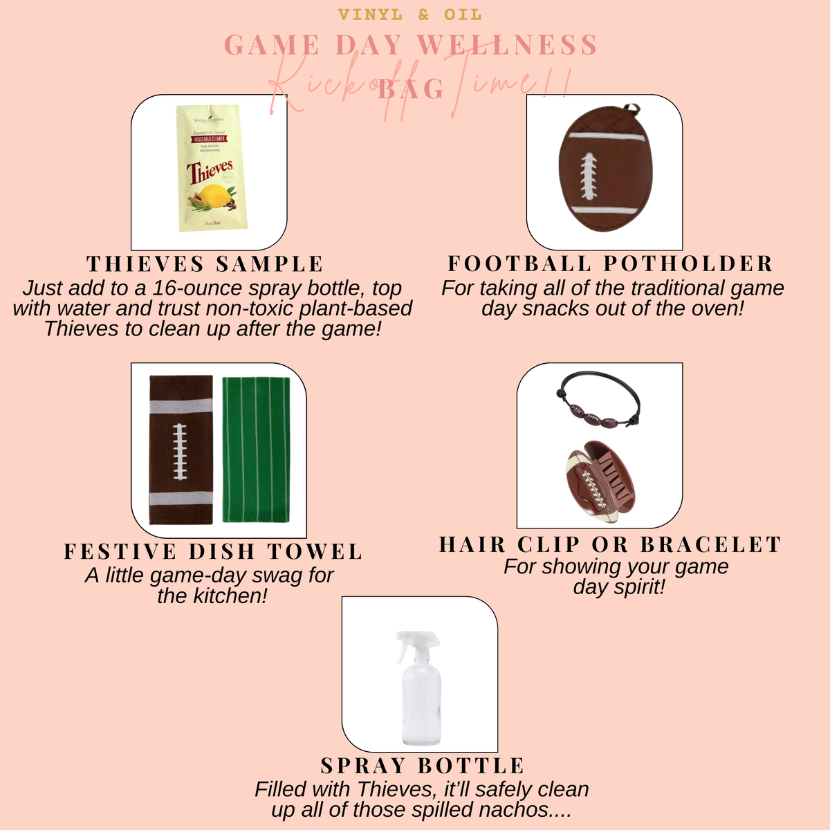 What's included in the Game Day Wellness Gift Bundle with football kitchen accessories and cleaning essentials