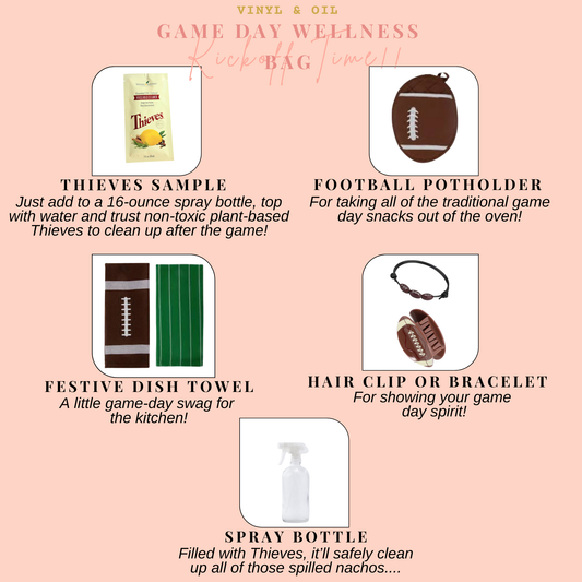 What's included in the Game Day Wellness Gift Bundle with football kitchen accessories and cleaning essentials