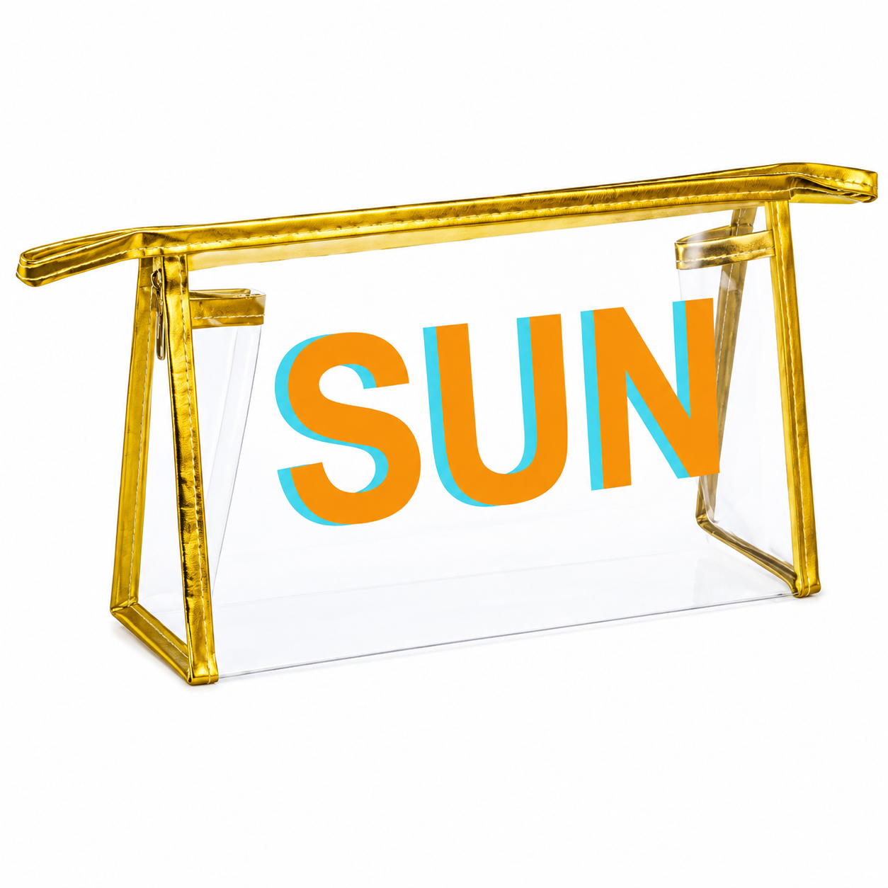 Clear cosmetic bag with metallic gold trim and orange and blue SUN lettering