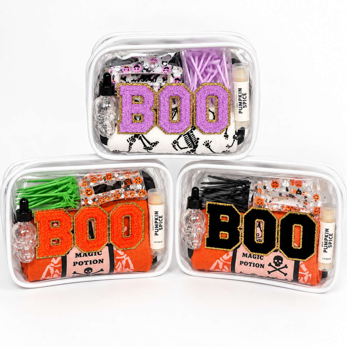 Halloween Wellness Gift Bundle color options featuring orange, black and purple BOO bags filled with seasonal wellness gifts and Halloween accessories.