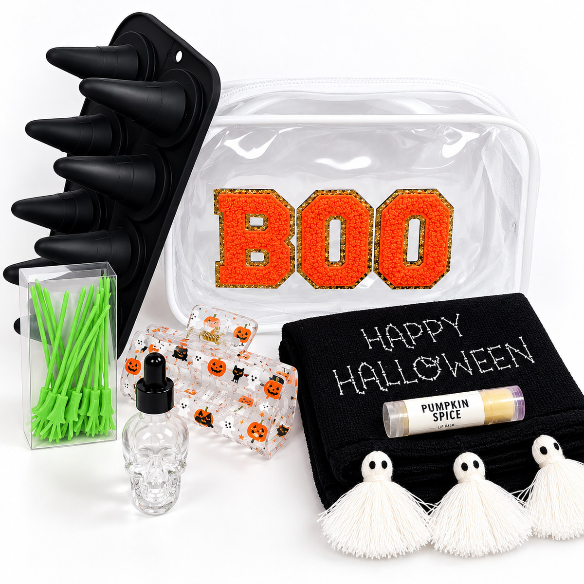 Orange BOO Halloween Wellness Gift Bundle with Happy Halloween towel, pumpkin spice lip balm, skull bottle, ice mold and seasonal accessories
