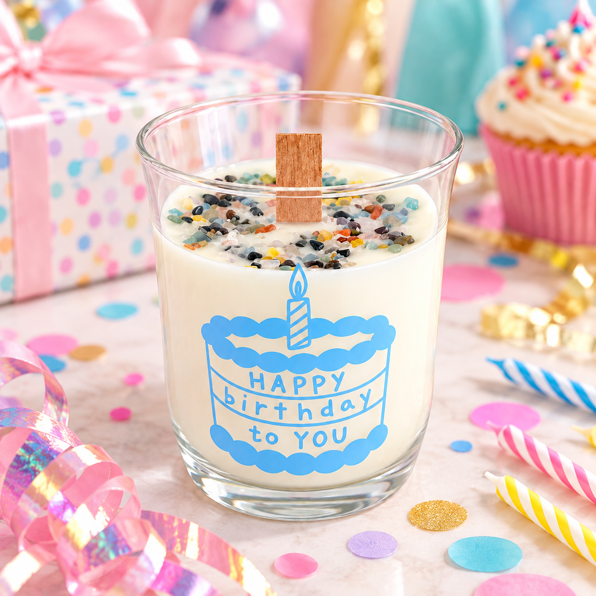 Happy Birthday vanilla wood wick candle with colorful decorative stone topping styled with festive birthday gifts and party details.