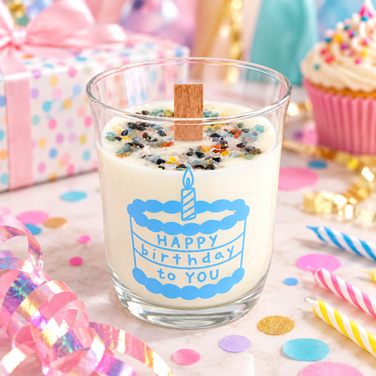 Happy Birthday vanilla wood wick candle with colorful decorative stone topping styled with festive birthday gifts and party details.
