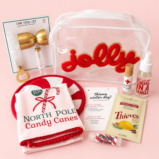 Holiday Wellness Gift Bundle with JOLLY bag, seasonal wellness products, kitchen gifts and holiday bar tools by Vinyl & Oil.