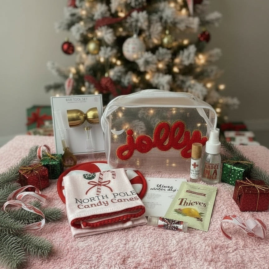 JOLLY Holiday Wellness Gift Bundle styled for Christmas with wellness, home and entertaining gifts.