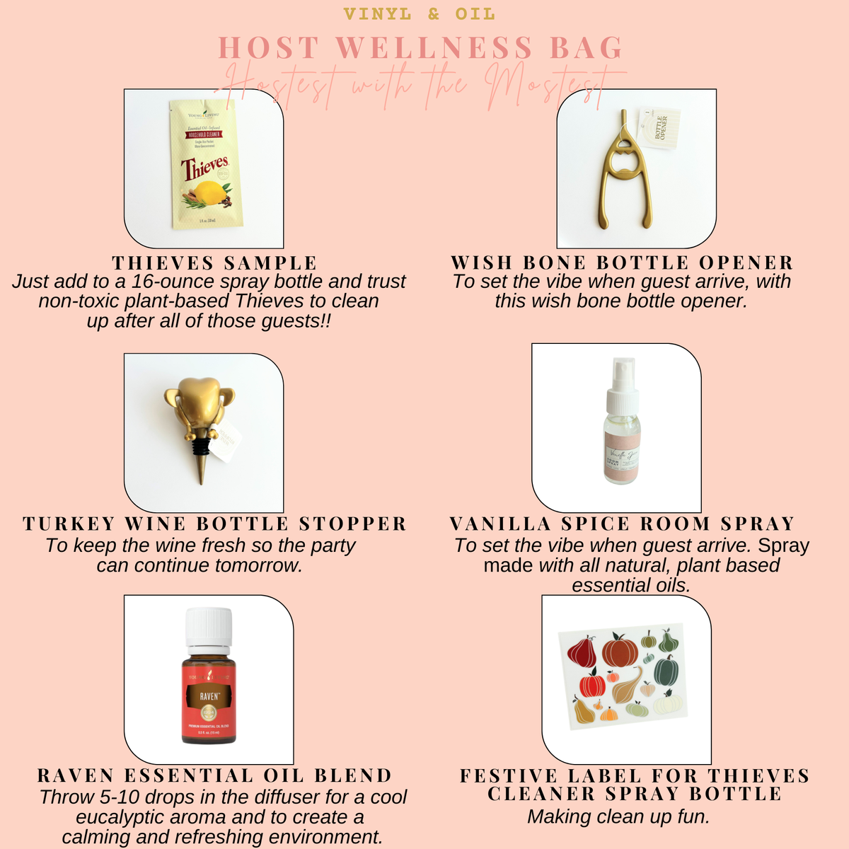 Thanksgiving hostess gift with Vanilla Spice room spray, Raven essential oil, Thieves cleaner, wishbone opener and turkey wine stopper.