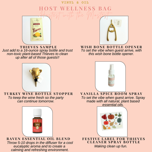 Thanksgiving hostess gift with Vanilla Spice room spray, Raven essential oil, Thieves cleaner, wishbone opener and turkey wine stopper.