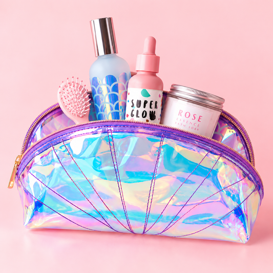 Iridescent shell cosmetic bag filled with Super Glow serum, bath soak, hairbrush and wellness gifts by Vinyl & Oil.