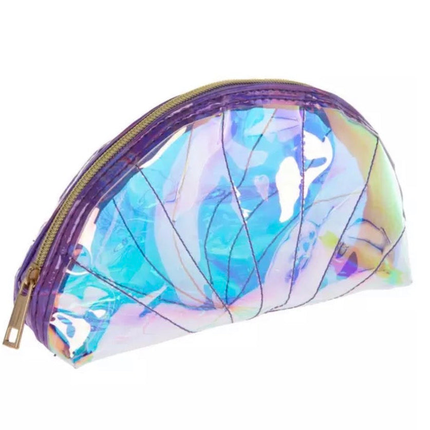 Iridescent shell-shaped cosmetic bag with purple trim and gold zipper