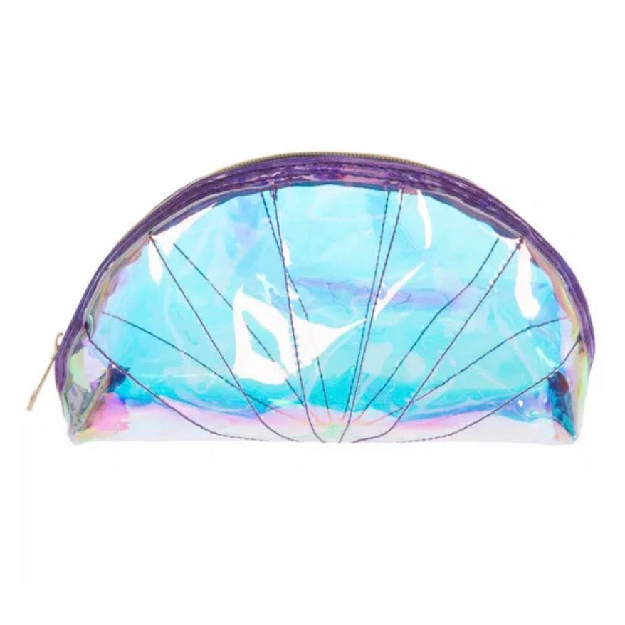 Front view of iridescent shell cosmetic bag with aqua pink and purple finish