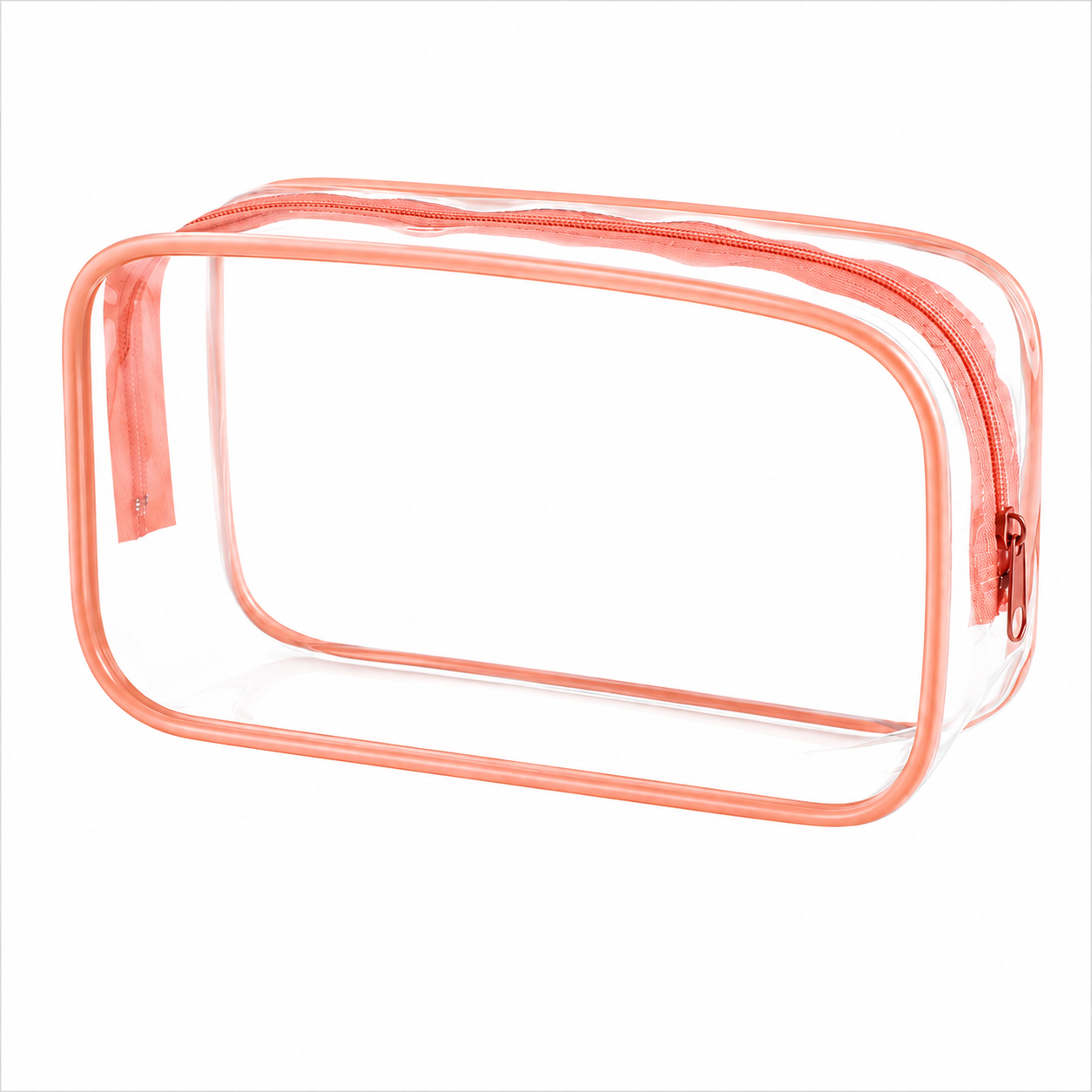 Large clear cosmetic travel bag with pink trim and zipper closure