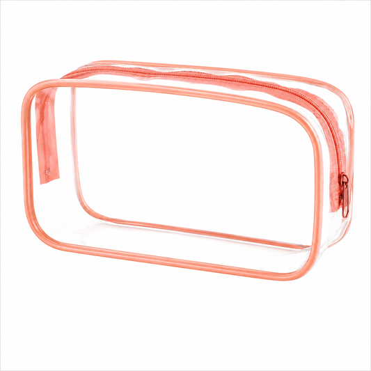 Large clear cosmetic travel bag with pink trim and zipper closure