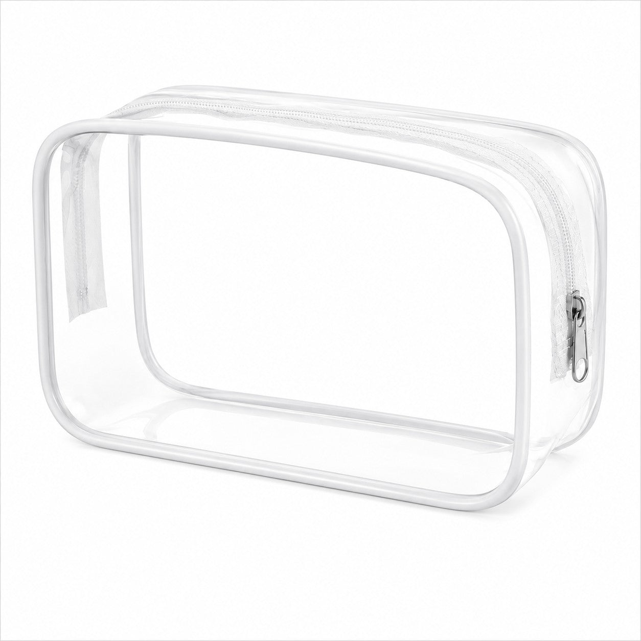 Large clear cosmetic travel bag with white trim and zipper closure