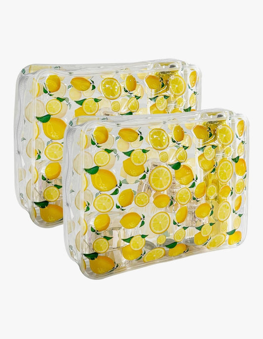 Set of two lemon-print clear cosmetic bags for travel, skincare, makeup, and summer wellness essentials.