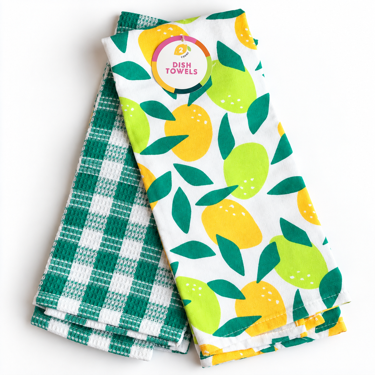 Lemon-print or green gingham dish towel included in the Love of Lemons Wellness Gift Bundle by Vinyl & Oil