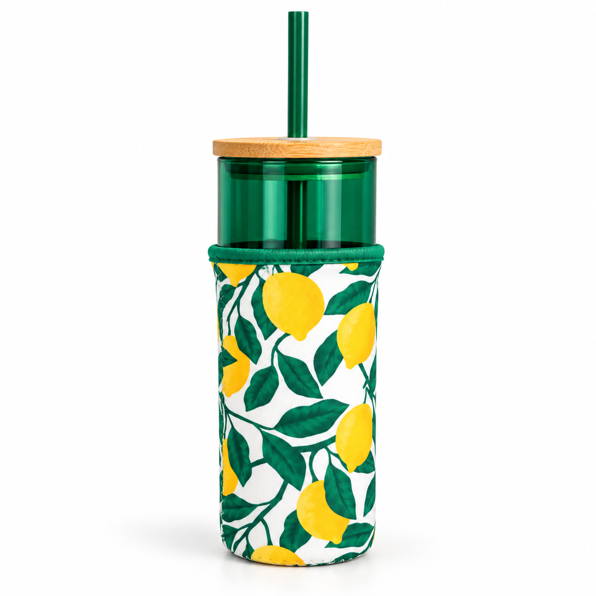 Green lemon insulated sipper glass with straw and lemon-print sleeve included in the Love of Lemons Wellness Gift Bundle.
